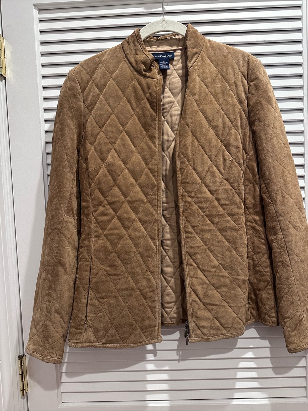 Ann Taylor Quilted Suede-Look Jacket in Camel Brown